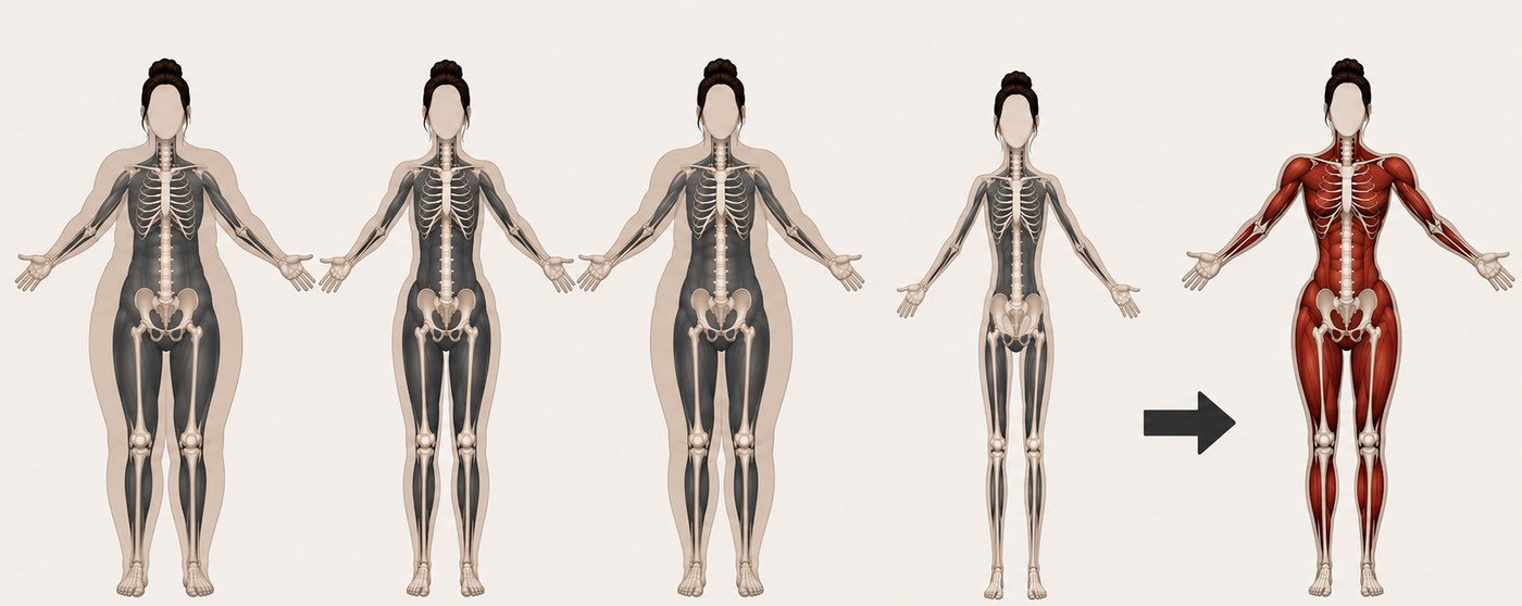 Five bodies: the diet cycle shrinking muscle each round, then Phase 2, same weight with a different outline